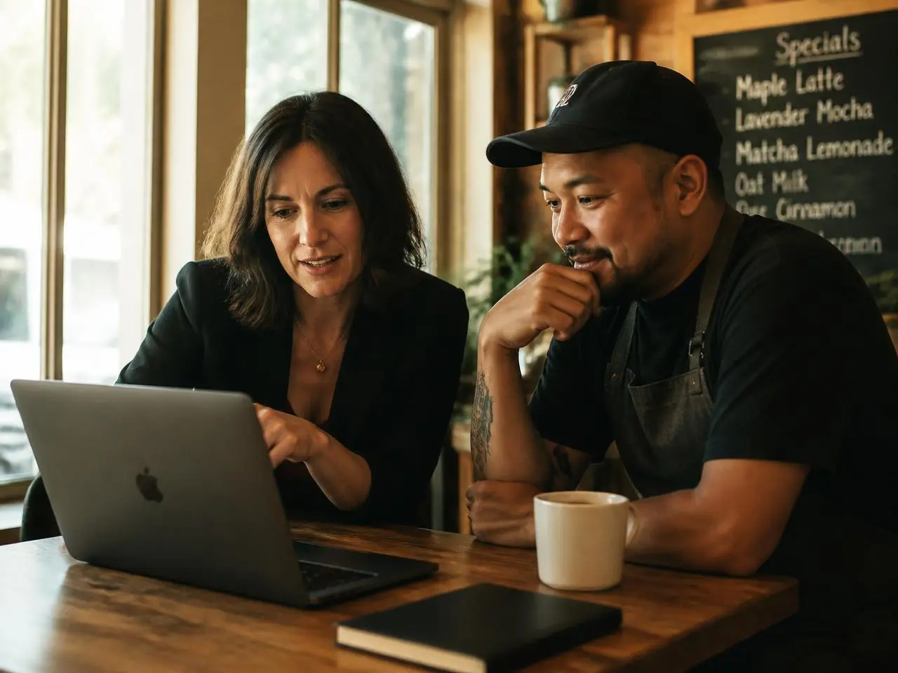 Strategist and cafe owner reviewing a laptop together