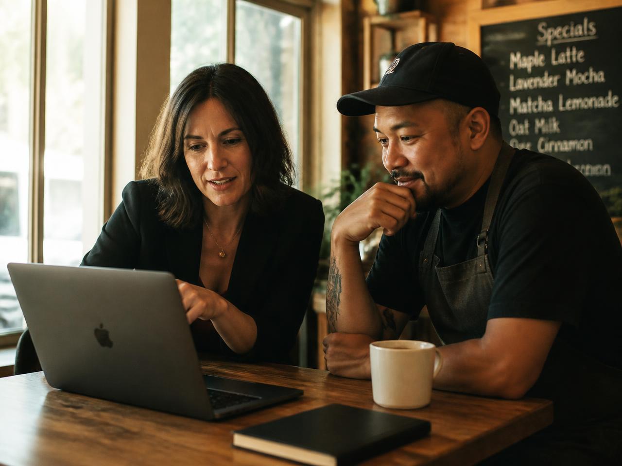 Strategist and cafe owner reviewing a laptop together