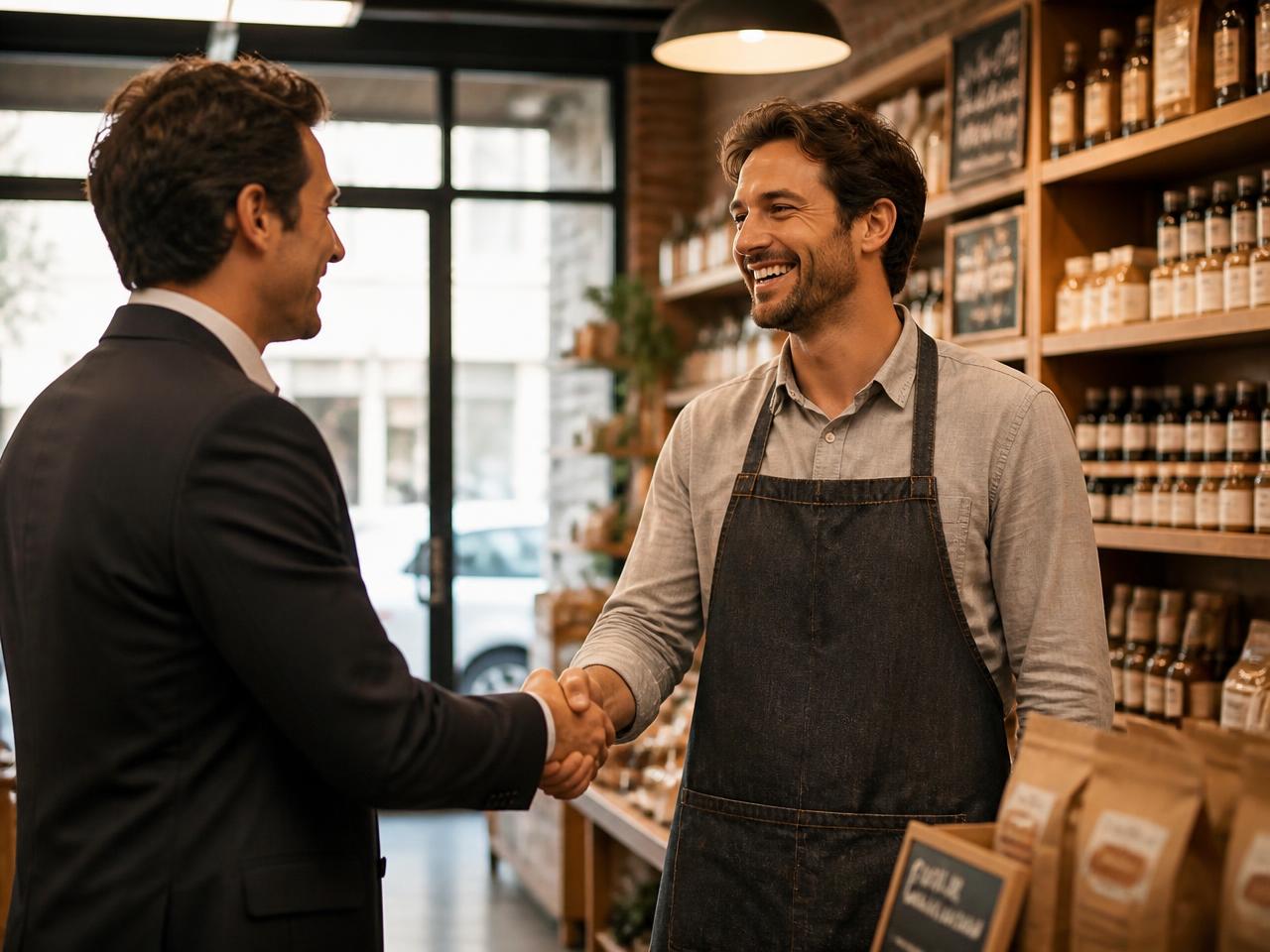 Consultant shaking hands with a shop owner