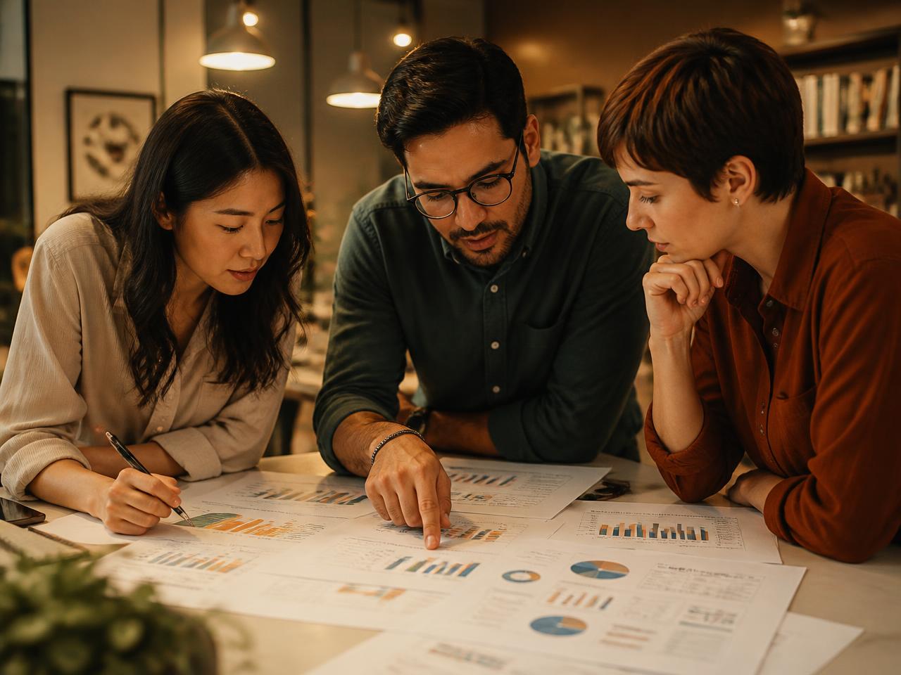 Three colleagues reviewing an analytics report