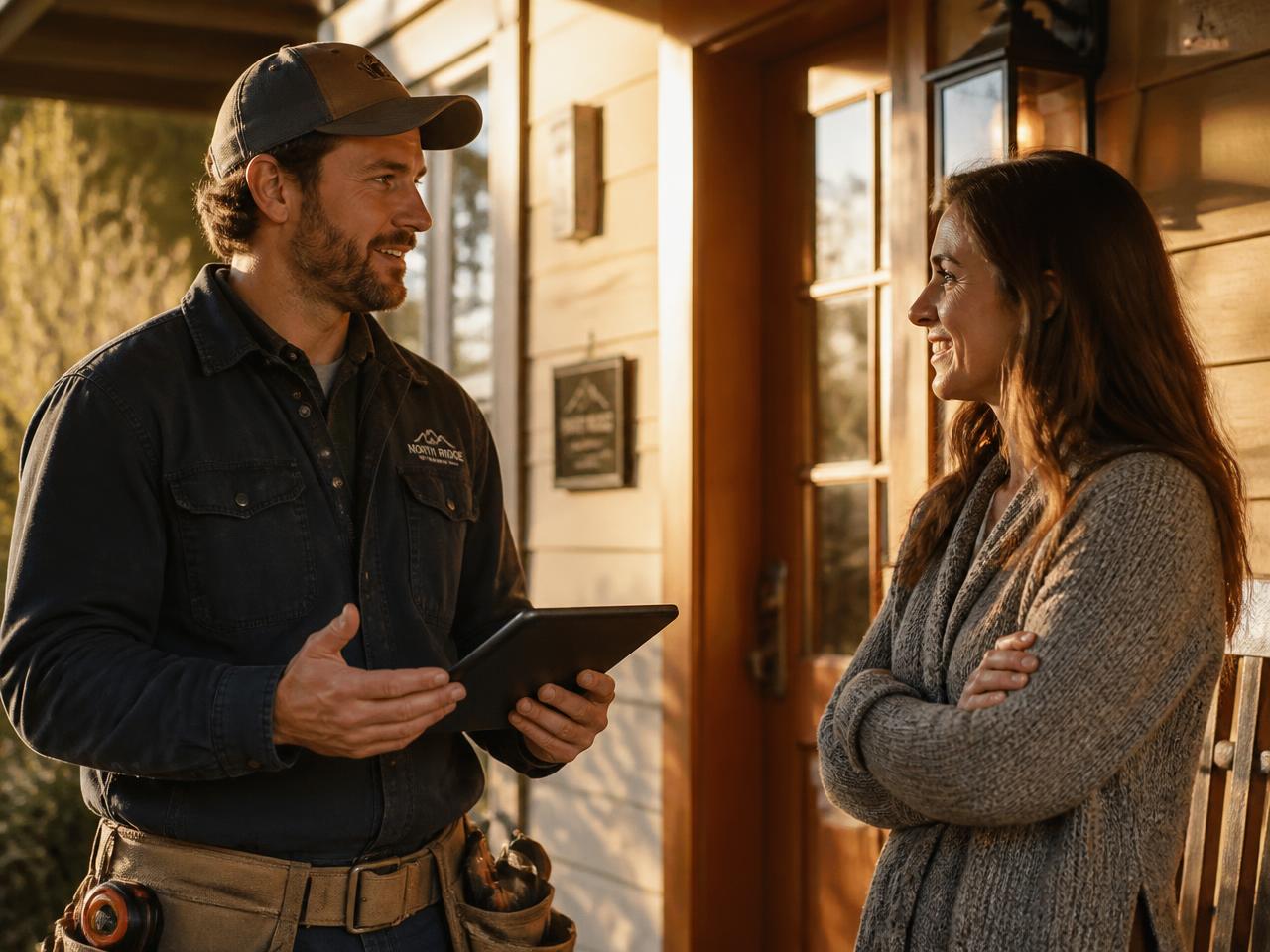 Contractor reviewing a plan with a homeowner on a porch