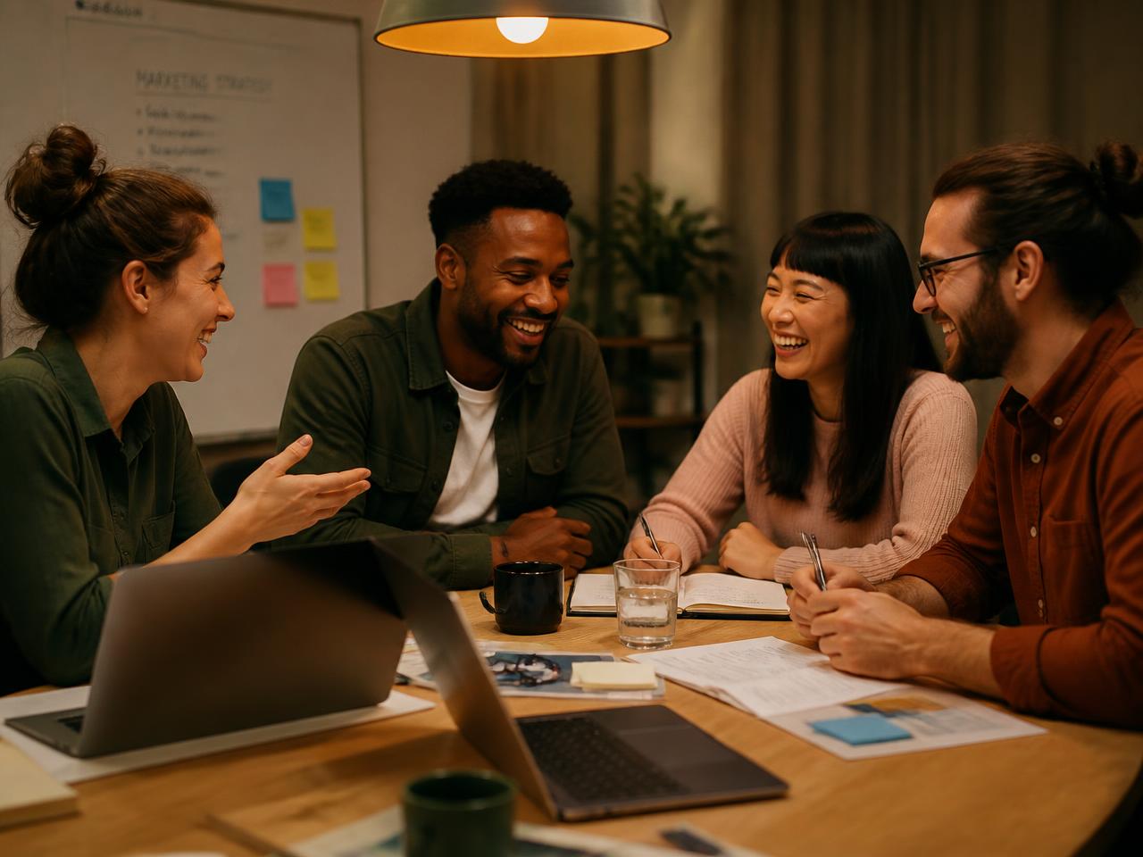 Small team laughing during a strategy meeting