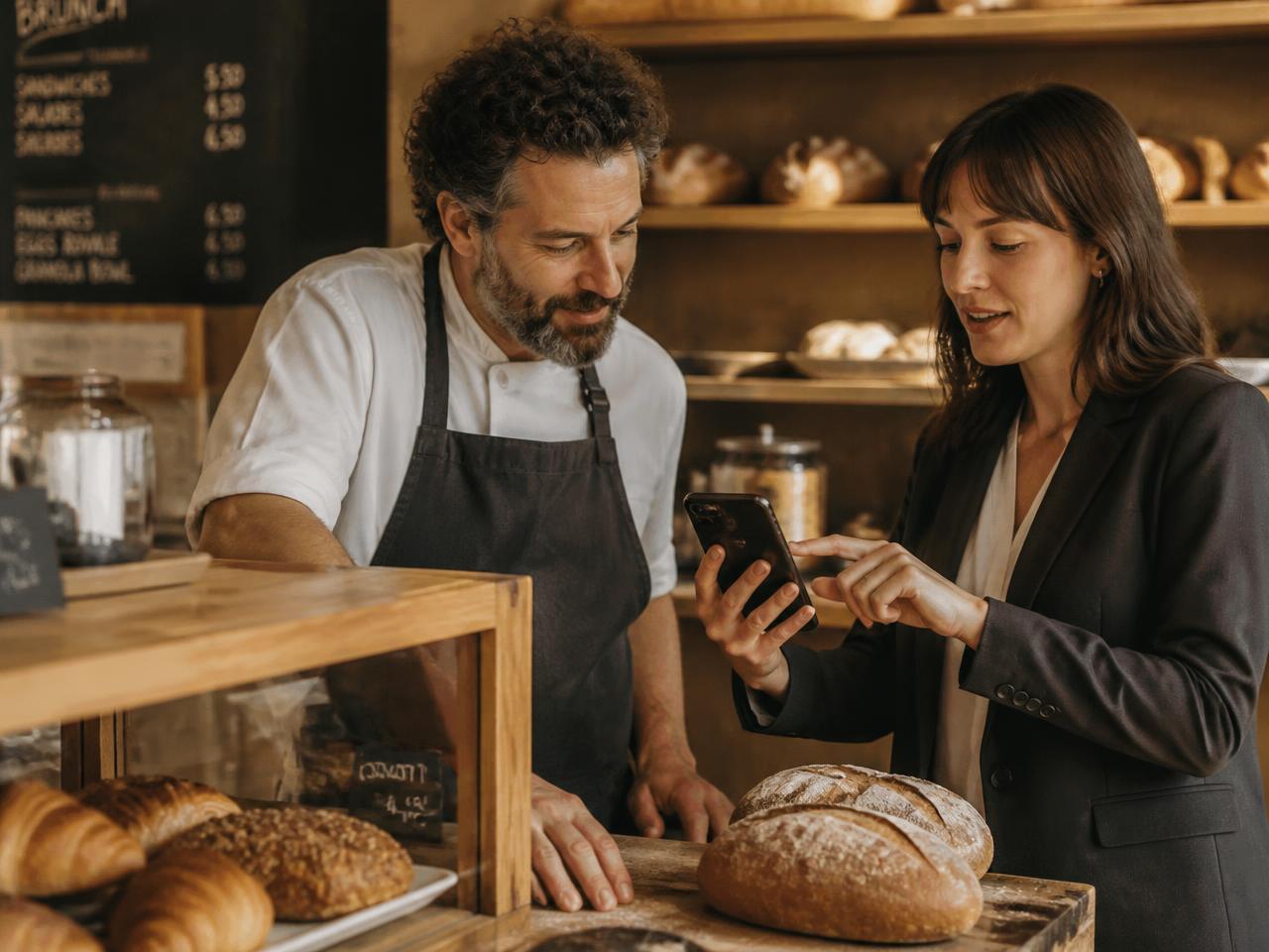 Consultant showing a bakery owner their profile on a phone