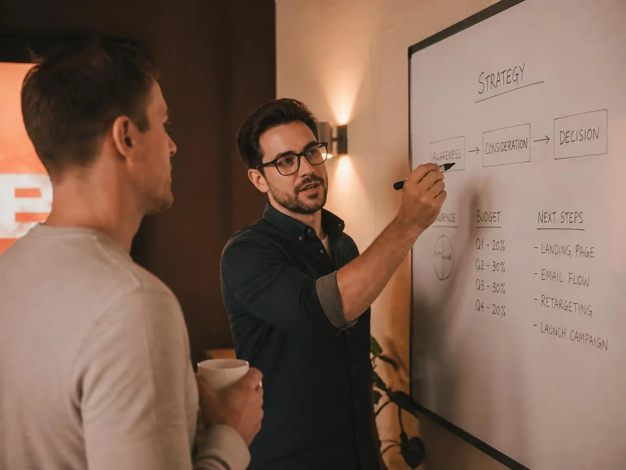 Strategist walking a client through a plan on a whiteboard