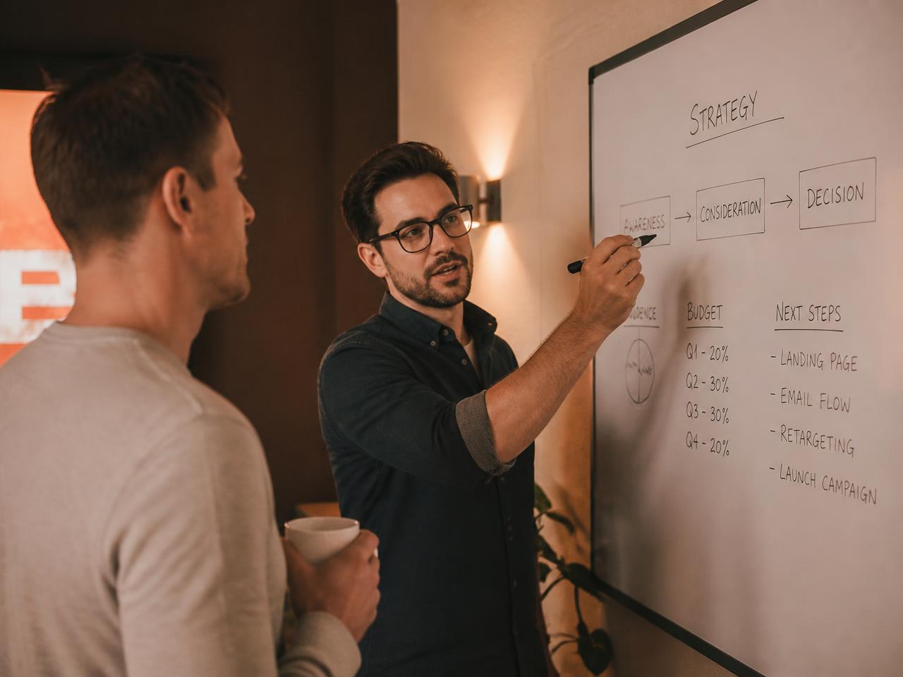 Strategist walking a client through a plan on a whiteboard