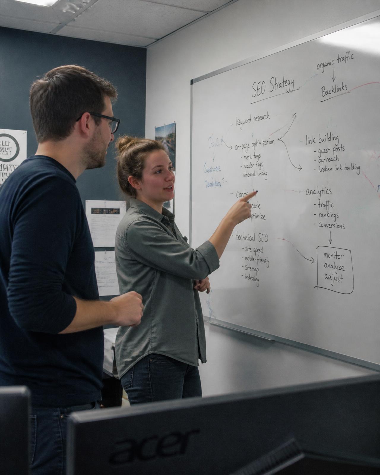 Two strategists working through an SEO plan on a whiteboard