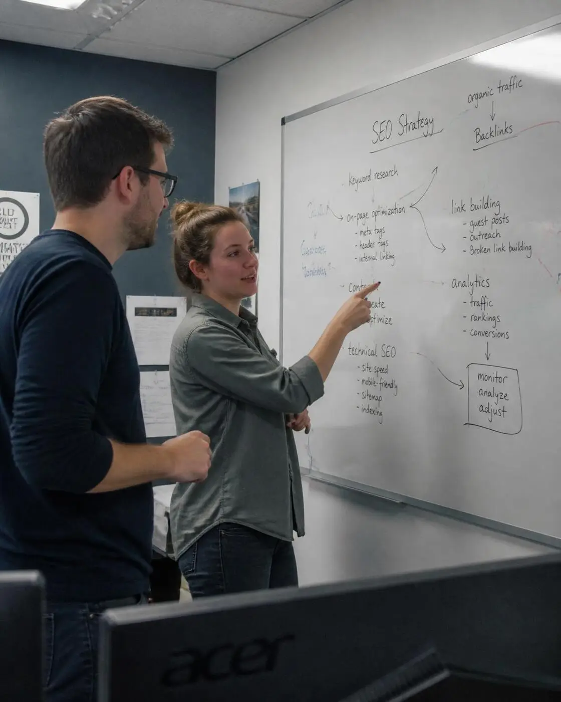 Two strategists working through an SEO plan on a whiteboard