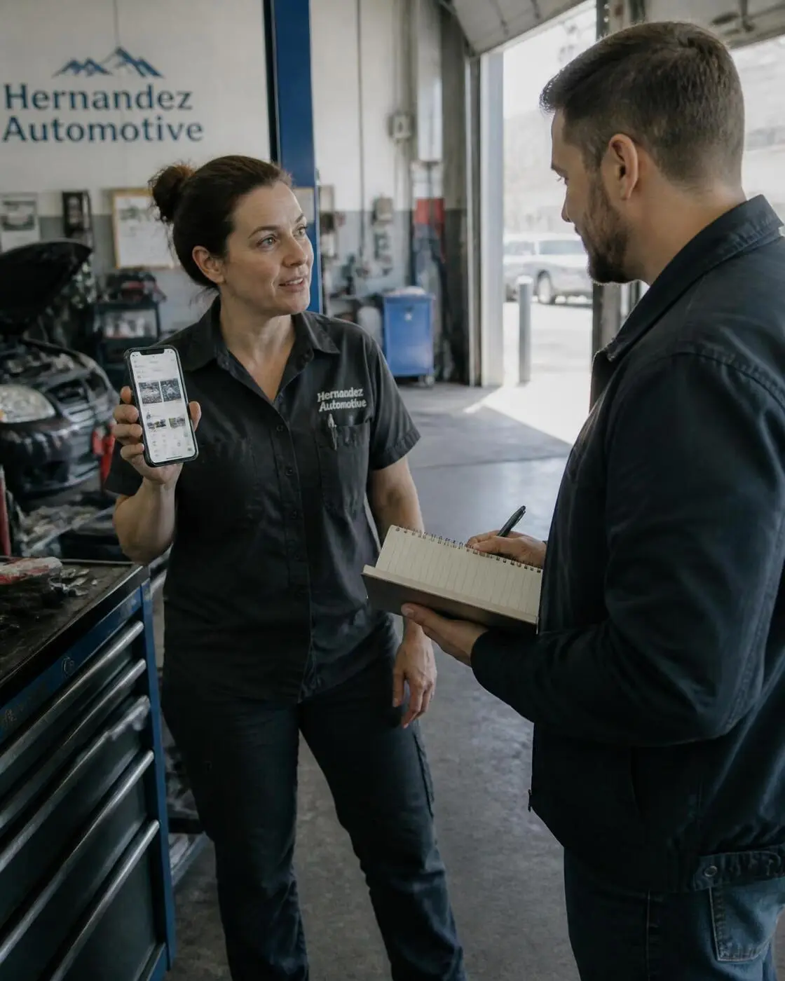 Auto shop owner showing her Google business listing to a consultant