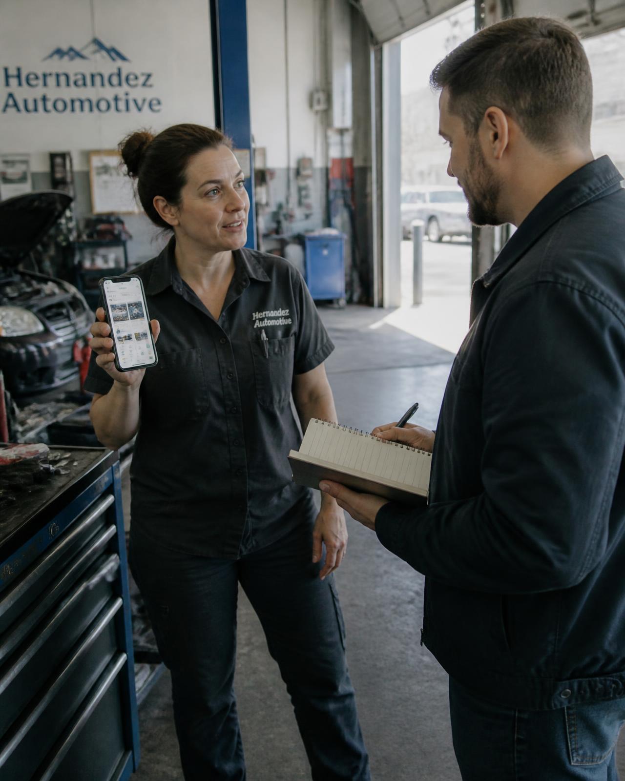 Auto shop owner showing her Google business listing to a consultant