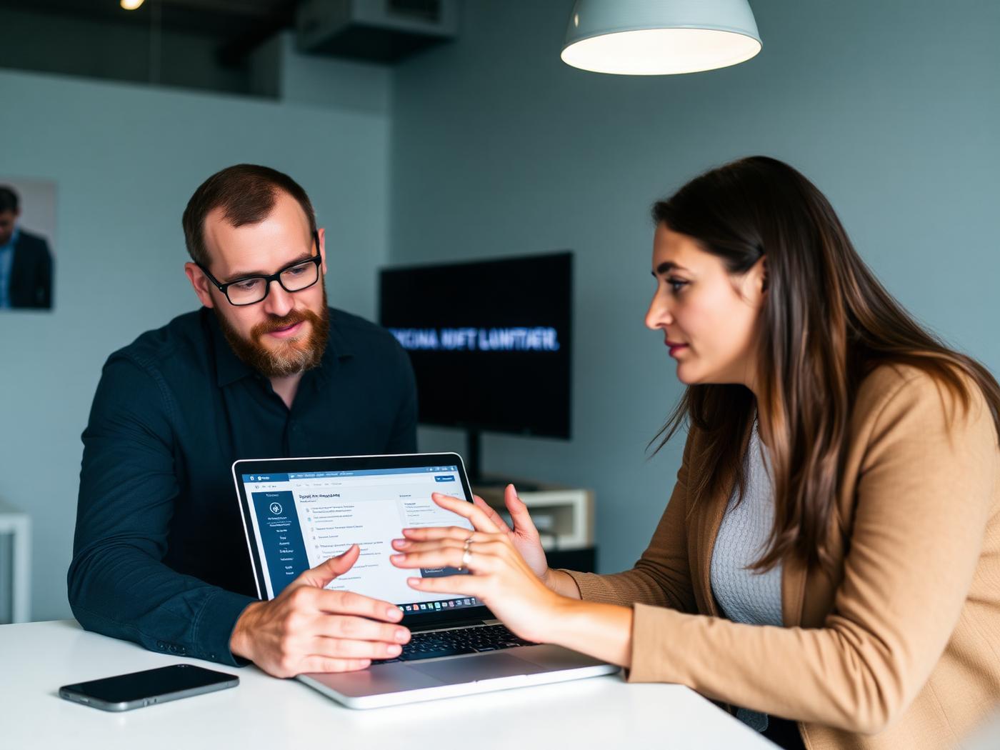 Two strategists reviewing AI search results on a laptop